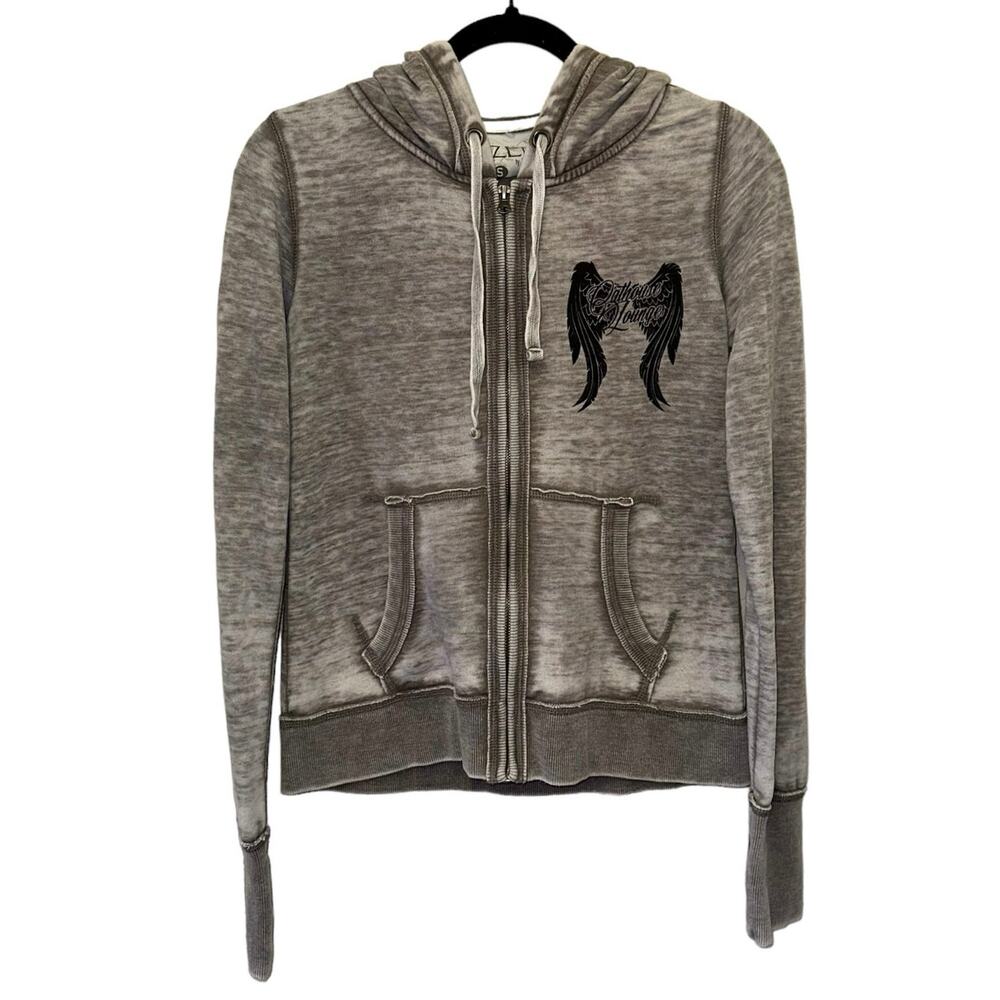 Zen Hoodie Small Gray Zip Up Graphic Burnout Sweatshirt Women